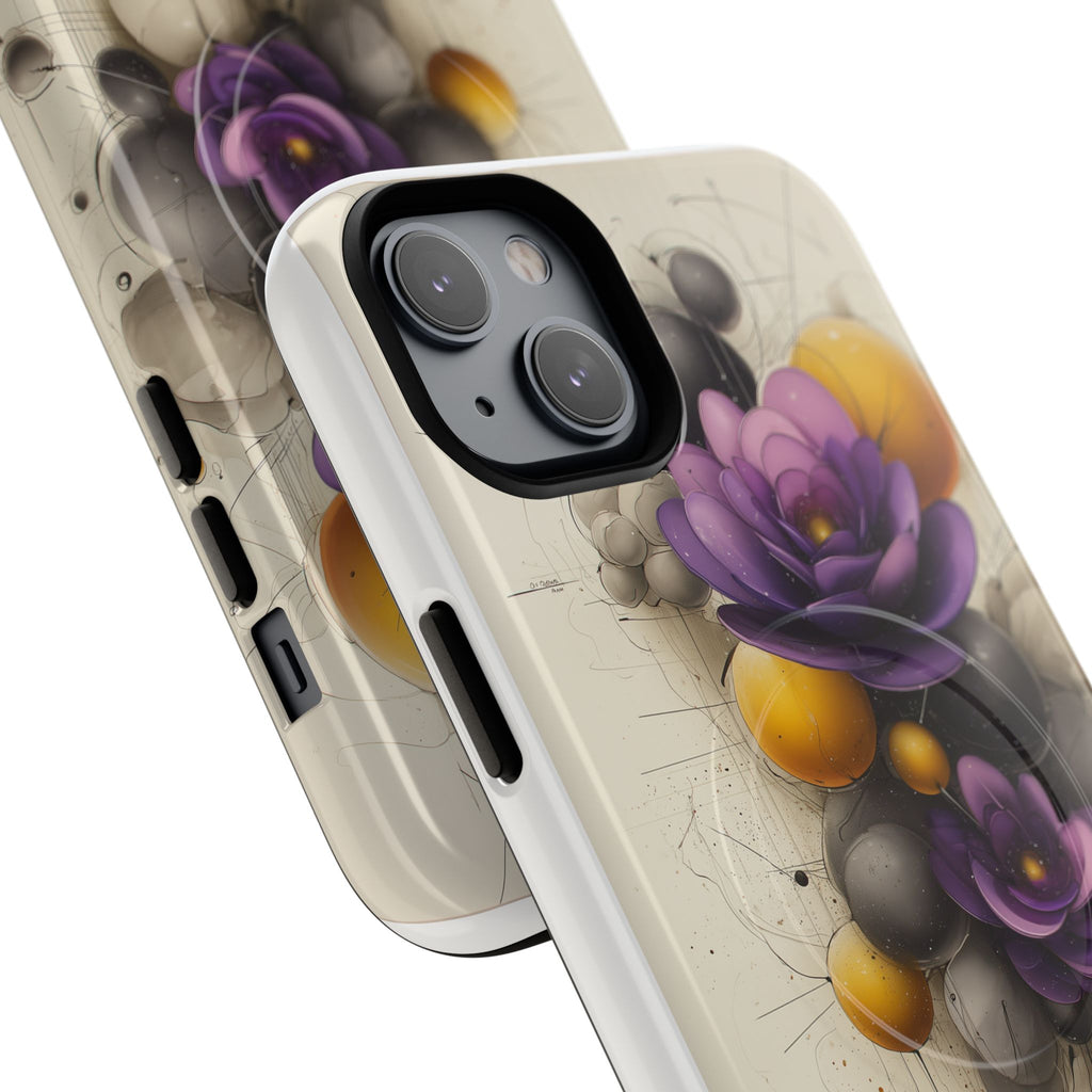 Floral Orb iPhone Case — Purple & Gold 3D Blossom Tough Magnetic Case