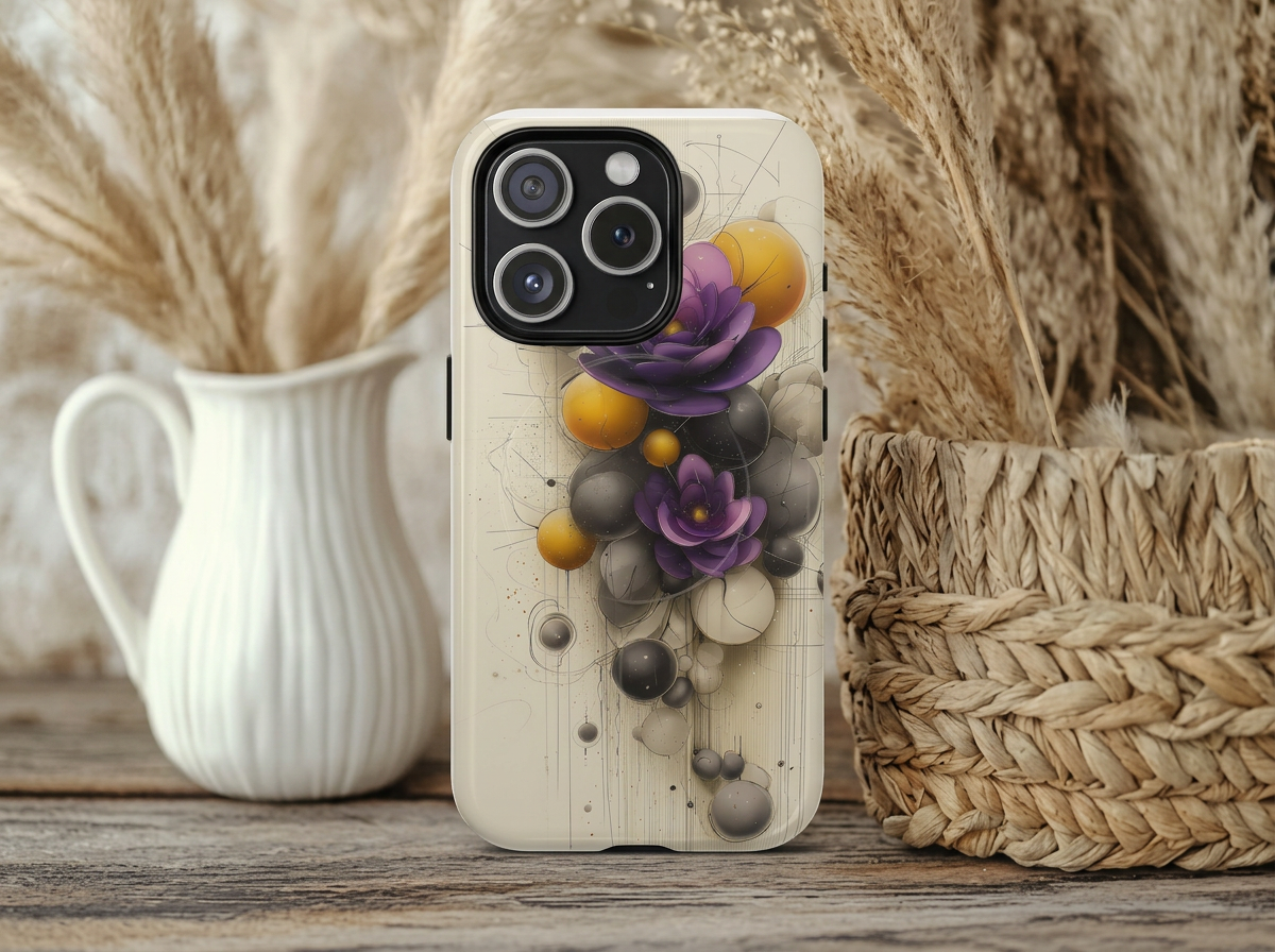 Floral Orb iPhone Case — Purple & Gold 3D Blossom Tough Magnetic Case