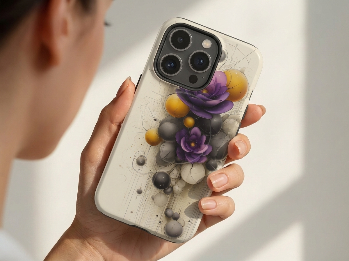 Floral Orb iPhone Case — Purple & Gold 3D Blossom Tough Magnetic Case