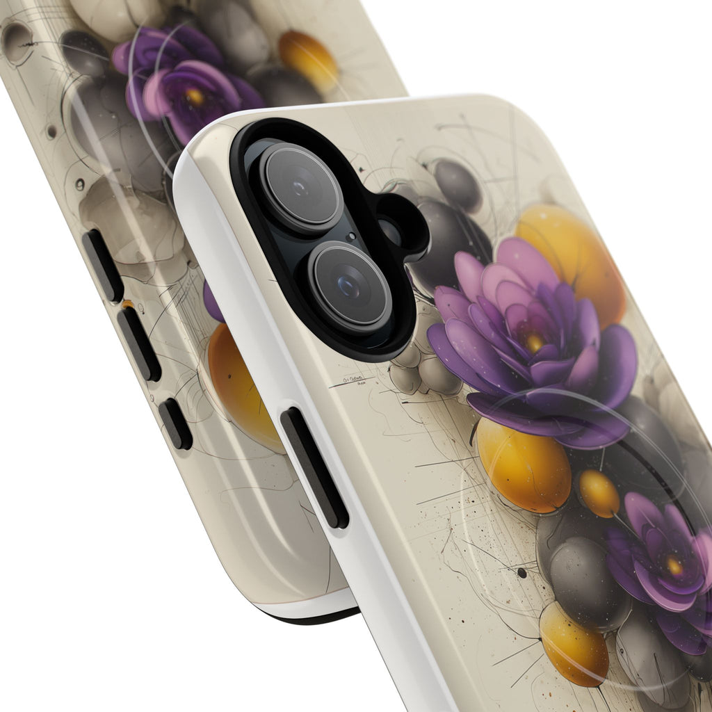 Floral Orb iPhone Case — Purple & Gold 3D Blossom Tough Magnetic Case