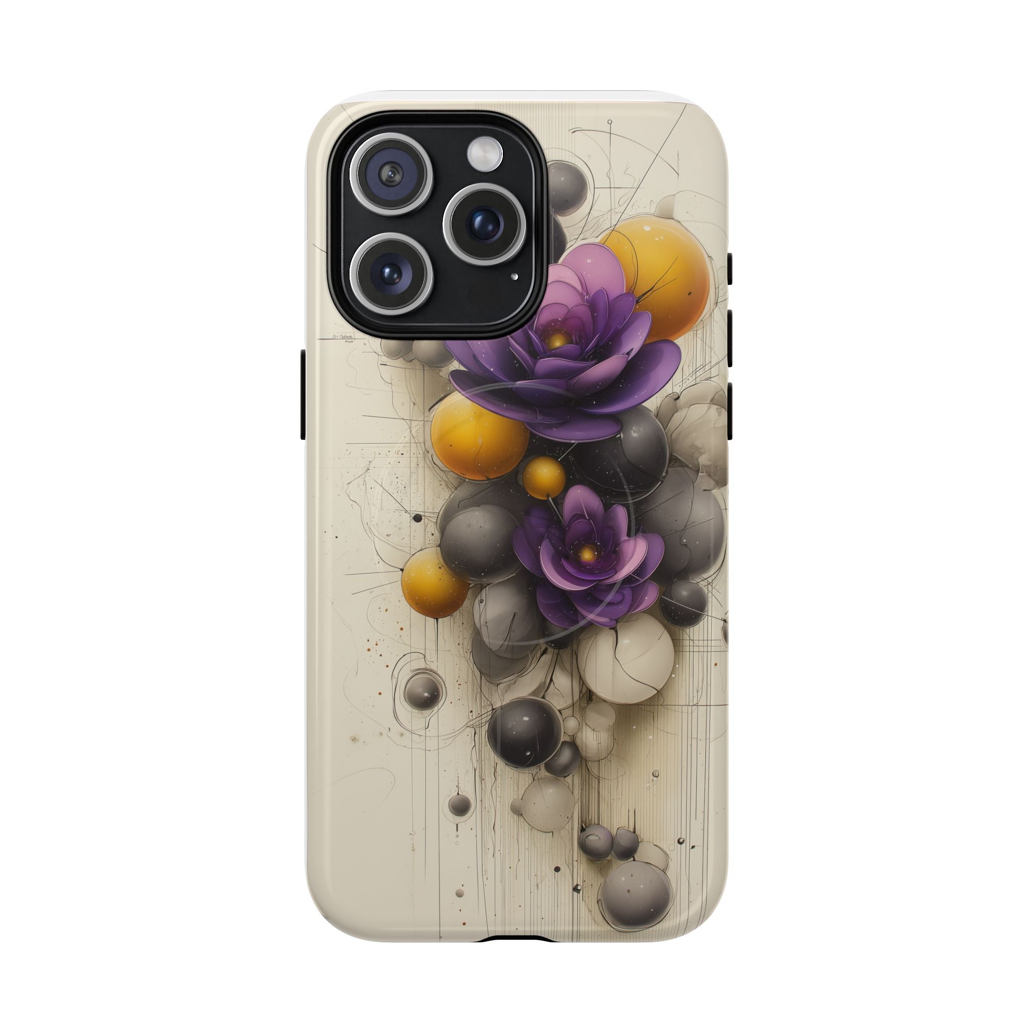 Floral Orb iPhone Case — Purple & Gold 3D Blossom Tough Magnetic Case